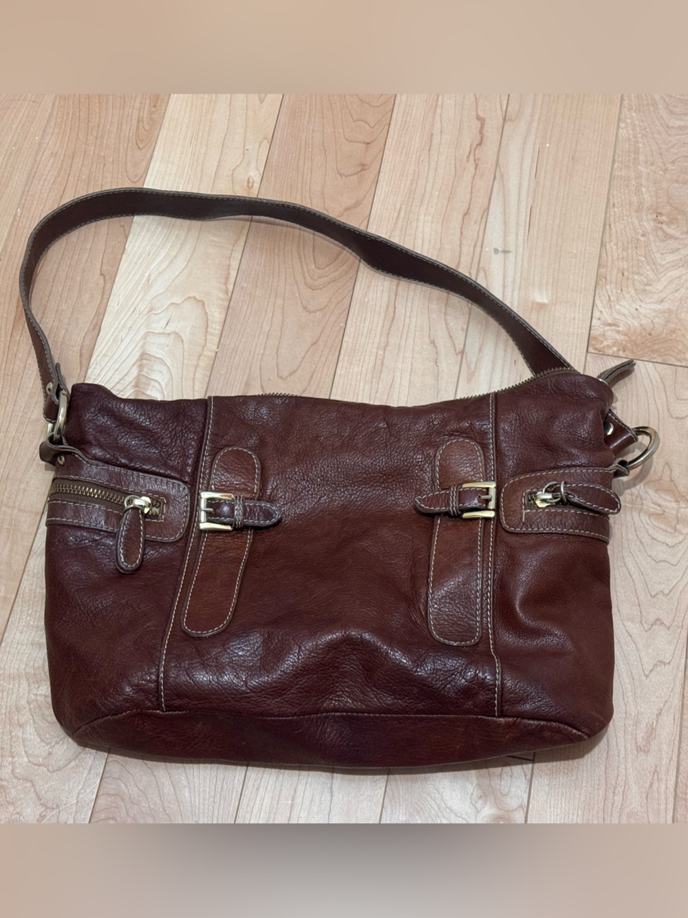 Peruzzi Italian Brown Pebbled Leather Shoulder Bag Slouch Hobo Buckle Zip